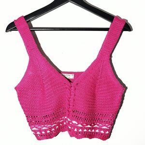 Pink Fuchsia Crochet Cropped Tank Top V-Neck Size XL Fairy Festival Cottage core